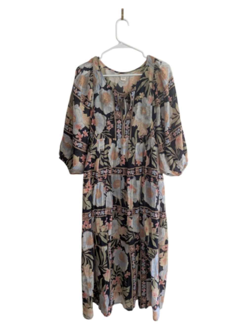Billabong Lost Cove Midi Dress L Black Floral Cotton Gauze Boho Puff Sleeve - Picture 3 of 12